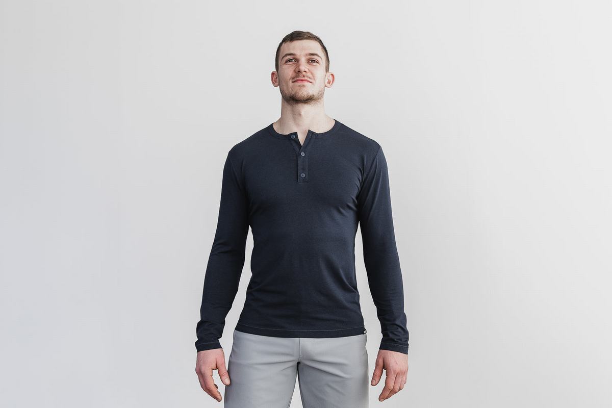 Nobull Lightweight Henley Men's Long Sleeves Navy | Australia (HL4567)